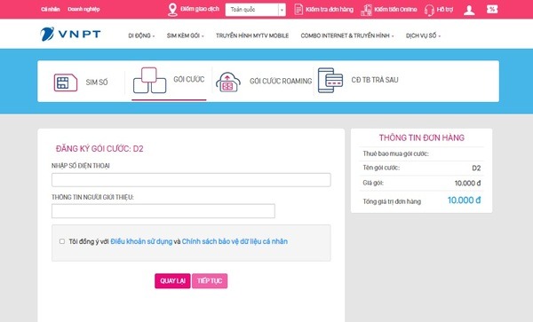 Nhập thông tin đăng ký gói cước và ấn “Tiếp tục”