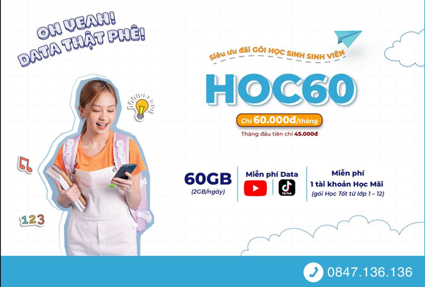 SIM HOC 60 được miễn phí data Tiktok và Youtube