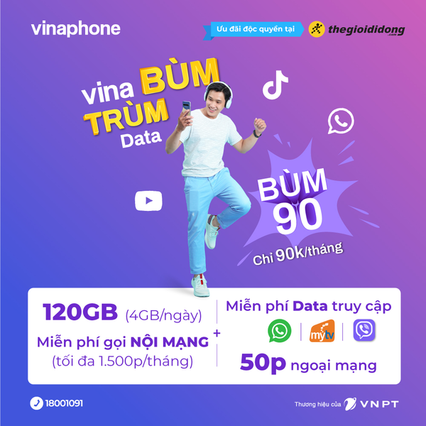 gói cước Vina Bùm 90 với nhu cầu mnagj Internet và gọi nhiều