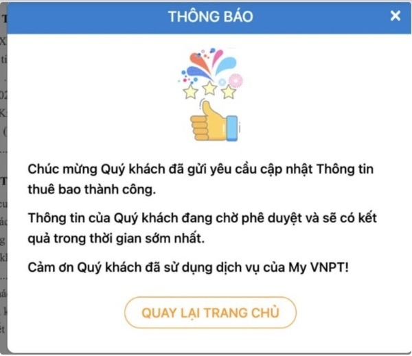 Thông báo cập nhật thông tin thuê bao VinaPhone thành công 