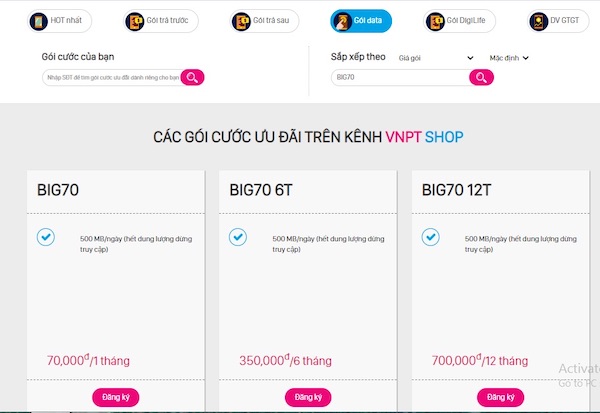 Tìm gói cước theo tên trên thanh tìm kiếm
