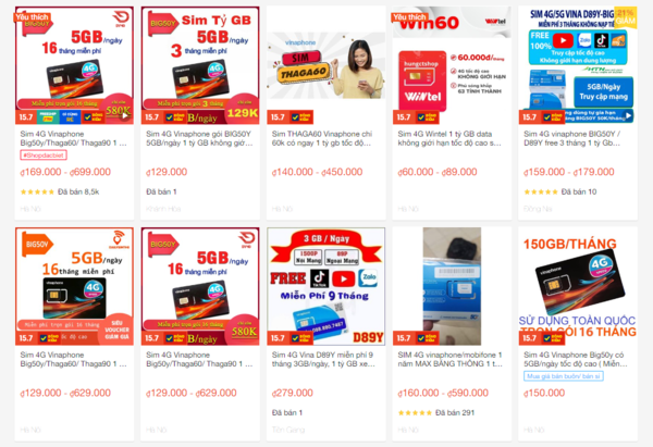 Tràn lan các loại SIM Vinaphone 1 tỷ GB trên các trang bán hàng