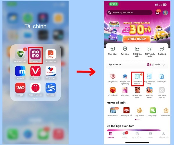 Truy cập vào ứng dụng MOMO và chọn thanh toán hoá đơn