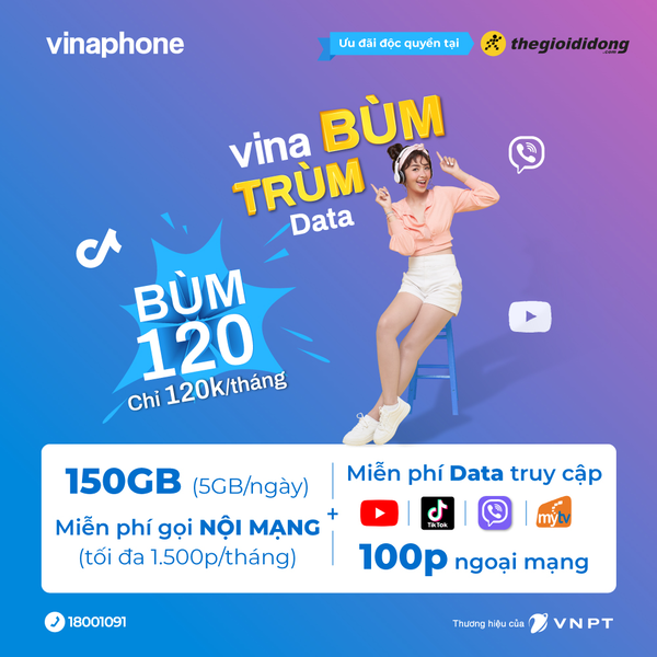 Ưu đãi data và thoại nhiều hơn với gói cước Vina Bùm 150
