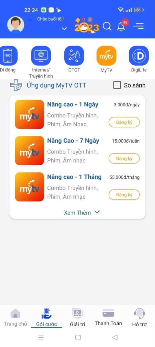 Vào “Gói cước” -> “MyTV” -> “Xem thêm”