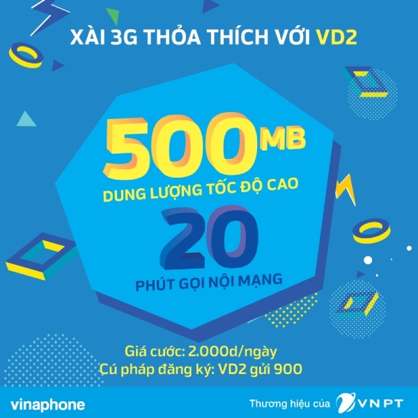 VinaPhone ưu đãi 500MB data và 20 phút gọi nội mạng chỉ với 2.000 đồng. 