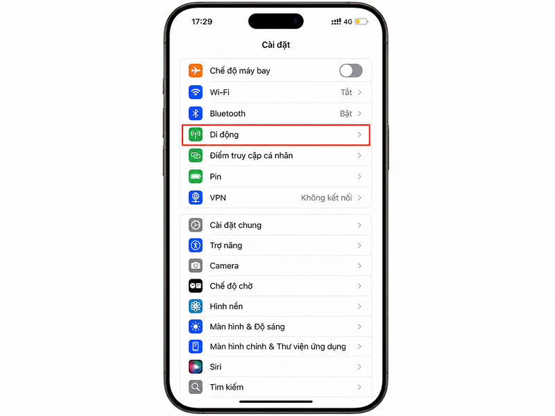 Bước 1: Vào mục Cài đặt (Settings) => chọn Di động (Cellular)