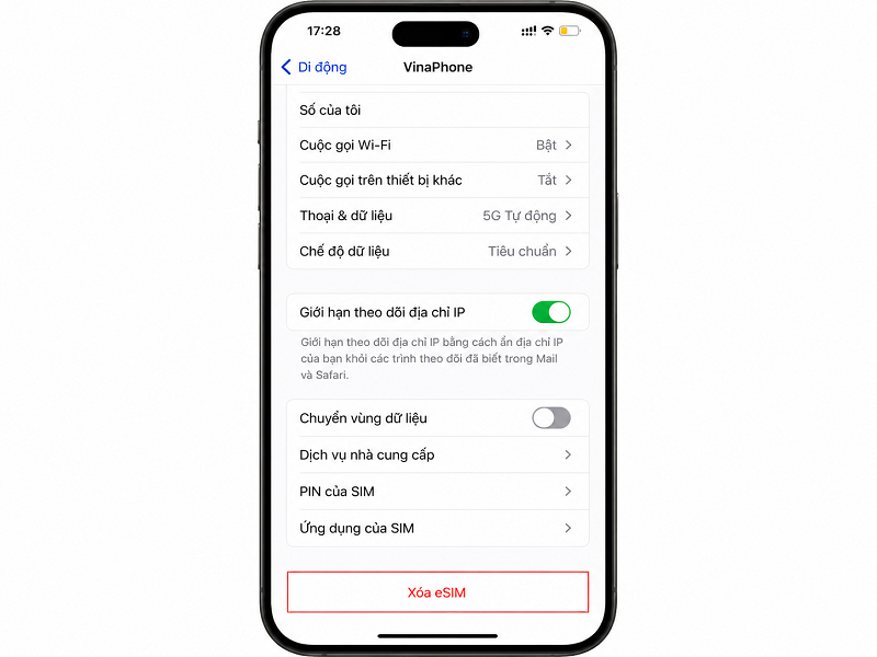 Bước 3: Kéo xuống dưới cùng và nhấn chọn Xóa eSIM (Delete eSIM hoặc Remove Cellular Plan)