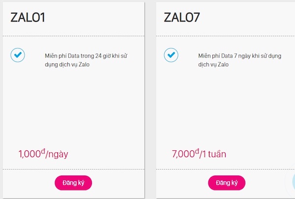 ZALO1 và ZALO 7 cũng là các gói data giá rẻ của VinaPhone