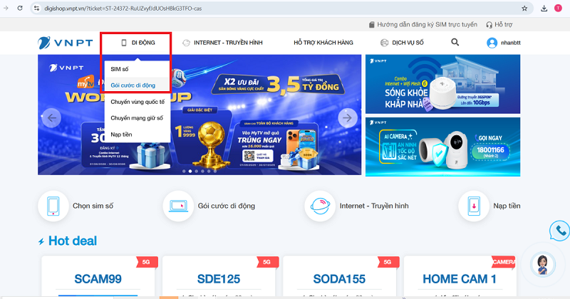 Bước 1: Truy cập danh mục gói cước di động trên DigiShop