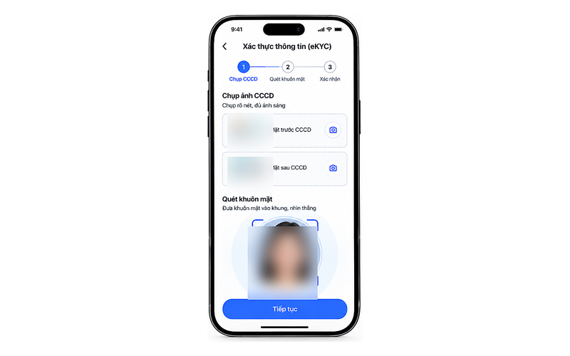 Thực hiện chụp ảnh mặt trước/mặt sau CCCD và quét khuôn mặt theo hướng dẫn eKYC