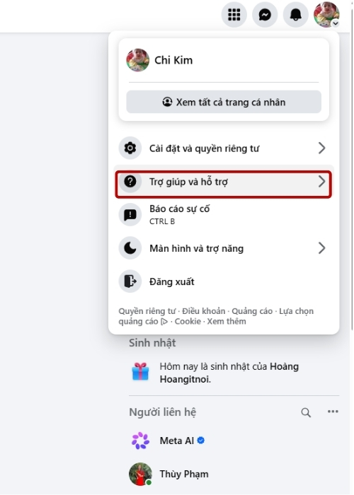 Bấm vào Avatar - Vào Trợ giúp và hỗ trợ