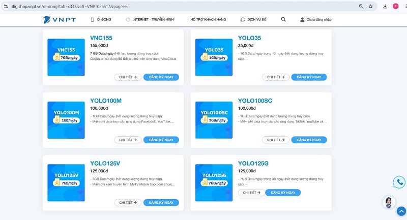 Dễ dàng tìm kiếm và lựa chọn gói cước di động trên website Digishop