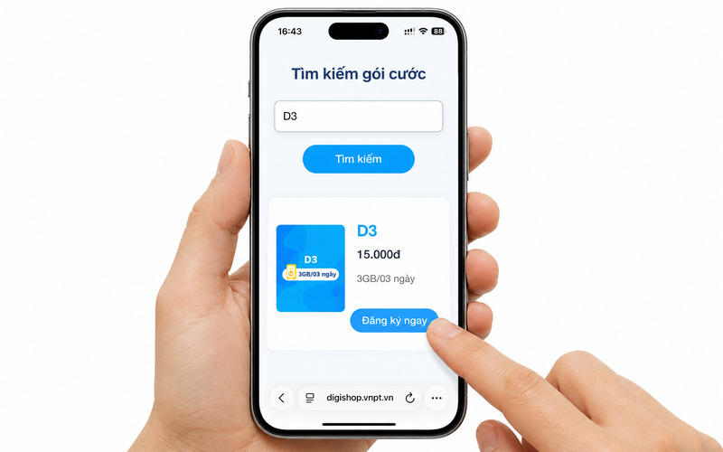 Nhập từ khóa hoặc tìm kiếm gói data bạn muốn → Chọn “Đăng ký ngay”
