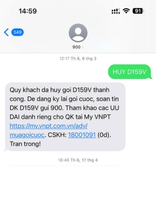 Muốn hủy gói D159V, soạn HUY D159V gửi 900