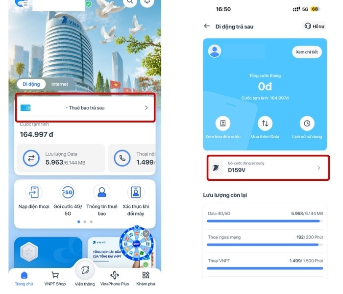 Hủy gói cước VinaPhone qua App My VNPT - Bước 1