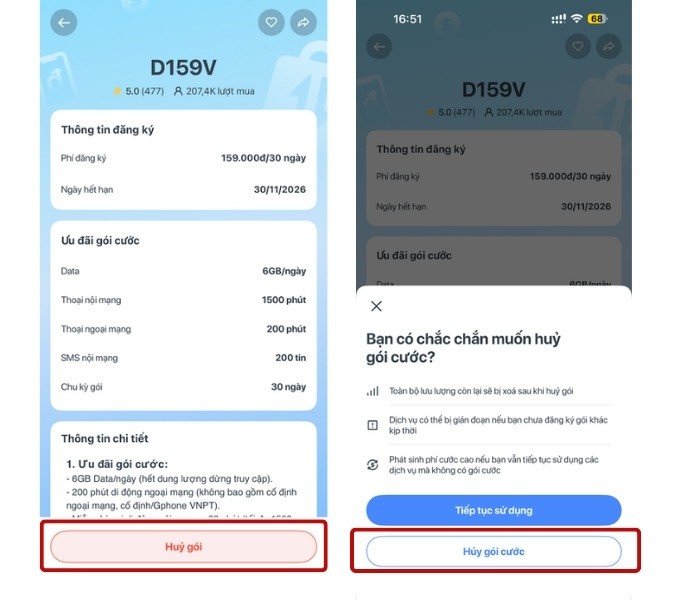 Hủy gói cước VinaPhone qua App My VNPT - Bước 2