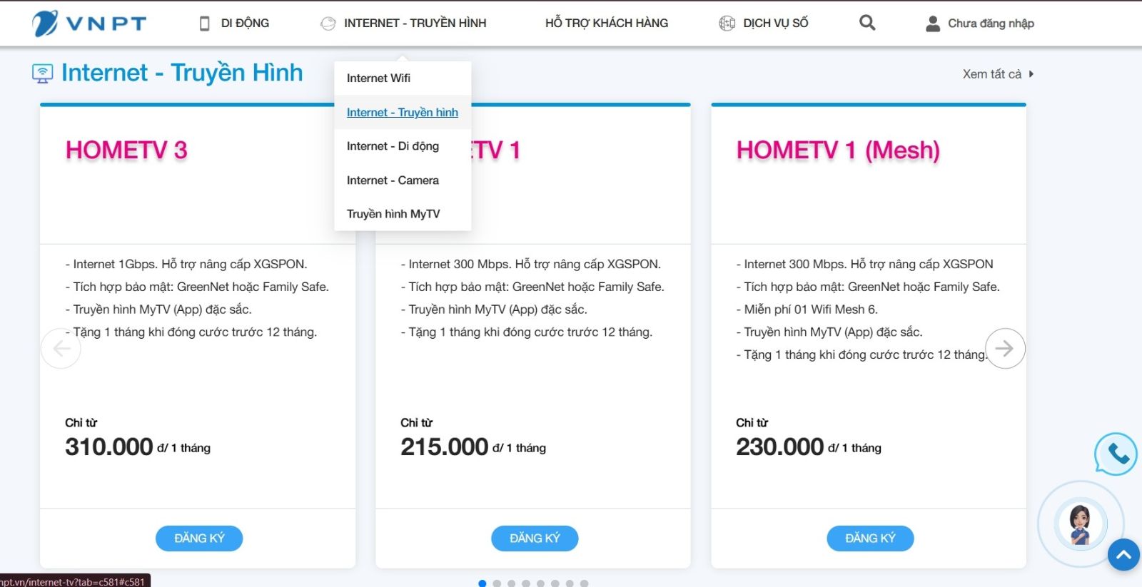 Các gói cước cho khách hàng đăng ký gói Internet truyền hình theo nhu cầu ngay trên website