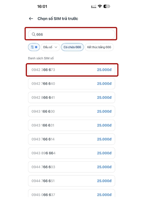 Lọc SIM tam hoa 666 VinaPhone trên app My VNPT