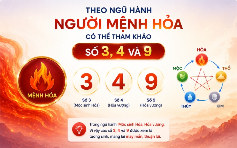 Theo ngũ hành, người mệnh Hỏa có thể tham khảo số 3, 4 và 9
