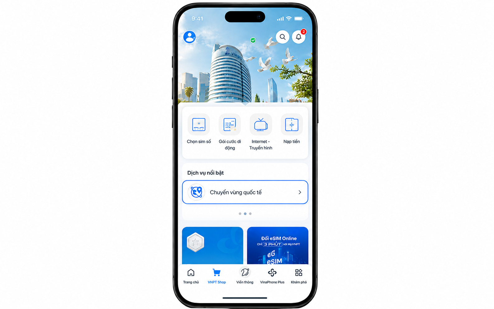 Bước 2: Chọn mục VNPT Shop và nhấn vào Chuyển vùng quốc tế