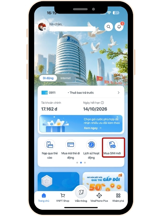 Mở app My VNPT > Chọn Mua SIM mới