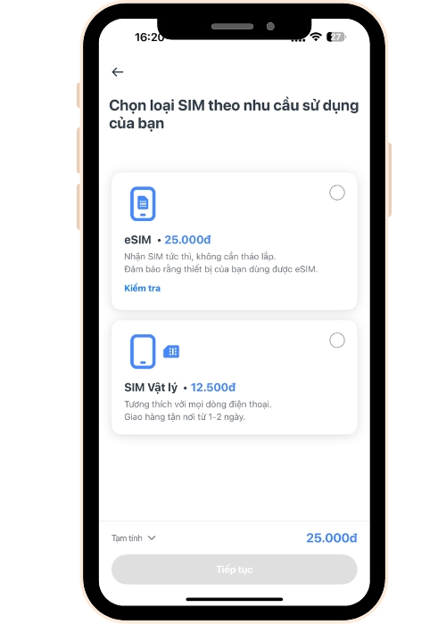Chọn SIM vật lý hoặc eSIM