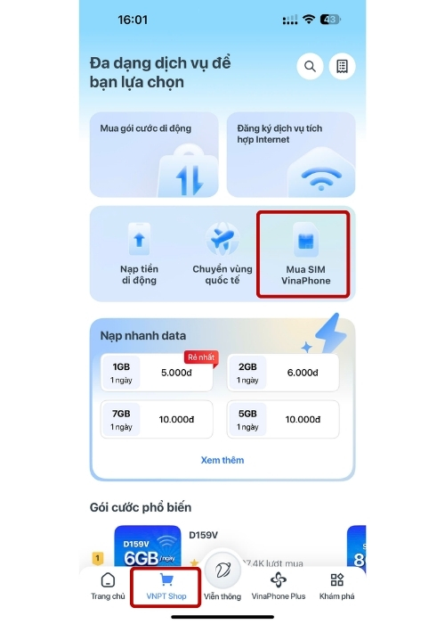 Mua SIM tam hoa VinaPhone trên app My VNPT: vào VNPT Shop, chọn Mua SIM VinaPhone