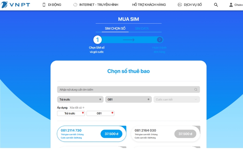 Chọn số thuê bao SIM tam hoa VinaPhone trên website VNPT