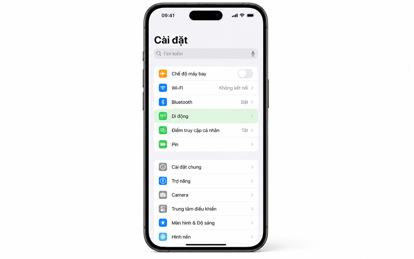 Vào Cài đặt → Chọn Di động