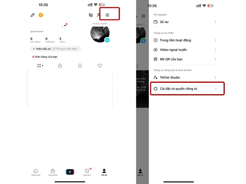 Tại Hồ sơ, chọn 3 dấu gạch ngang góc phải trên cùng > Chọn Cài đặt và quyền riêng tư